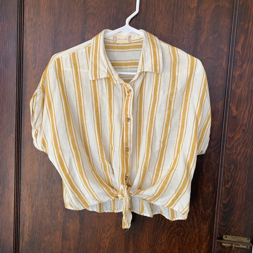 Altar’d state stripe mustard button blouse tie front
